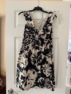 LOFT Black and Cream Floral Ruffle-Trim Midi Dress